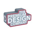 A 3D sign with bold white text outlined in red reads, The Premium Design Company on a gray background. The sign has a rectangular shape with rounded edges and an opening on the left side.