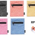 Five colorful wristbands with zippered pockets are displayed: black, red, yellow, pink, and blue. Each has an RPET tag. An inset shows a wristband worn on a wrist. RPET logo is visible.