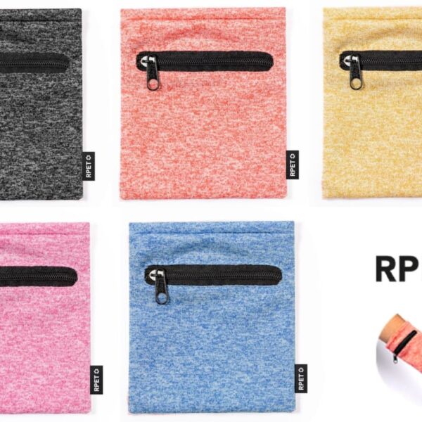 Five colorful wristbands with zippered pockets are displayed: black, red, yellow, pink, and blue. Each has an RPET tag. An inset shows a wristband worn on a wrist. RPET logo is visible.