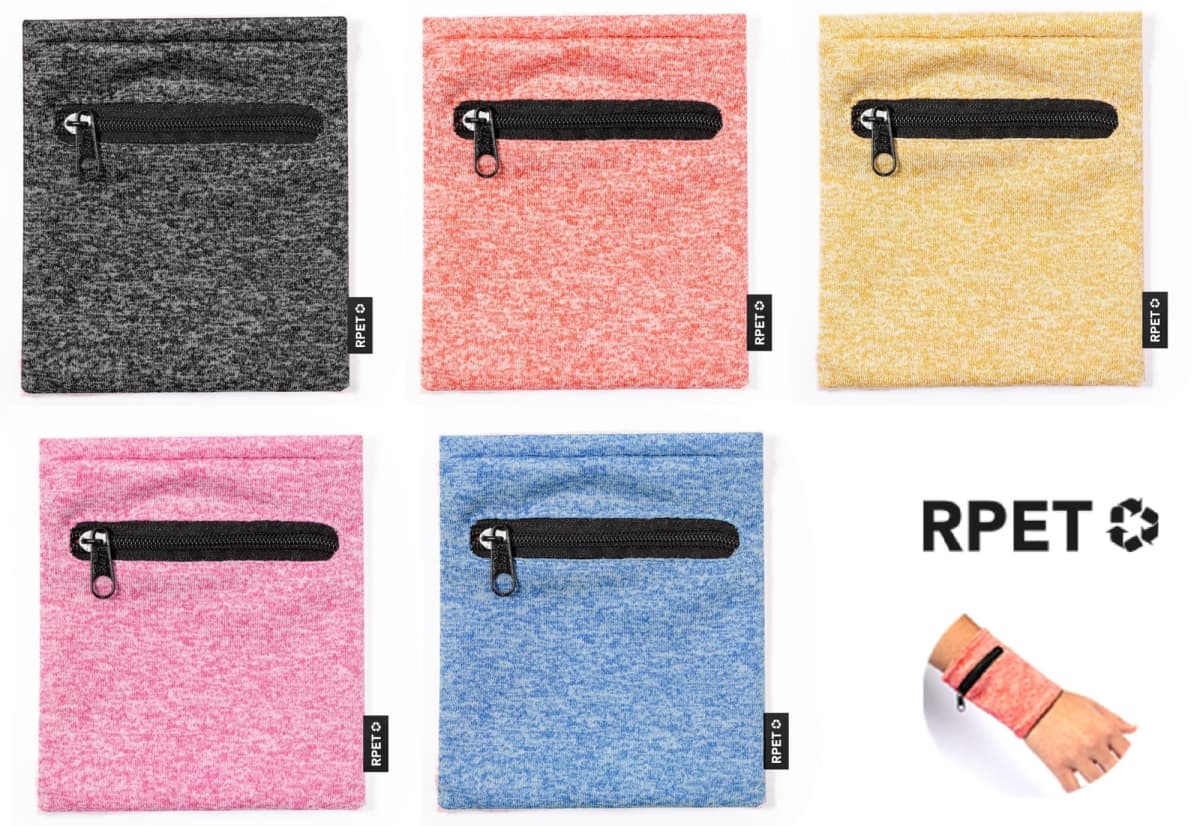 Five square-shaped pouches with zippers in black, red, yellow, pink, and blue are displayed. Each pouch has an RPET label. A small image shows a wrist wearing one of these pouches. RPET logo is also visible.
