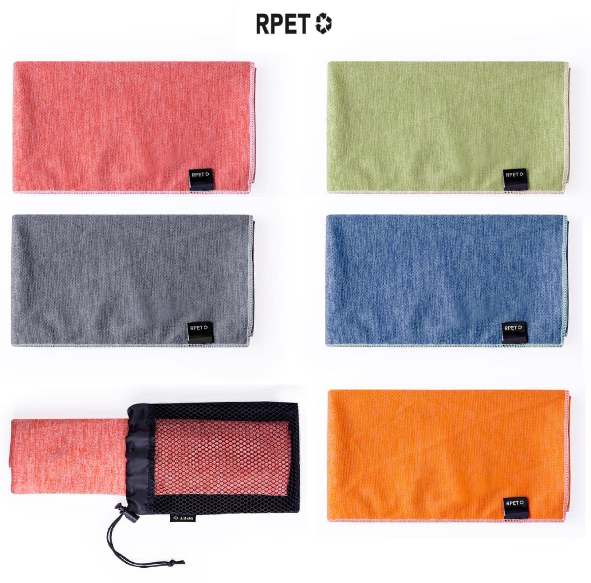 Six colored towels are displayed: pink, green, gray, blue, and orange, each with a small black tag labeled RPET. One orange towel is partially rolled and shown in a black mesh bag. The RPET logo with a recycling symbol appears above.