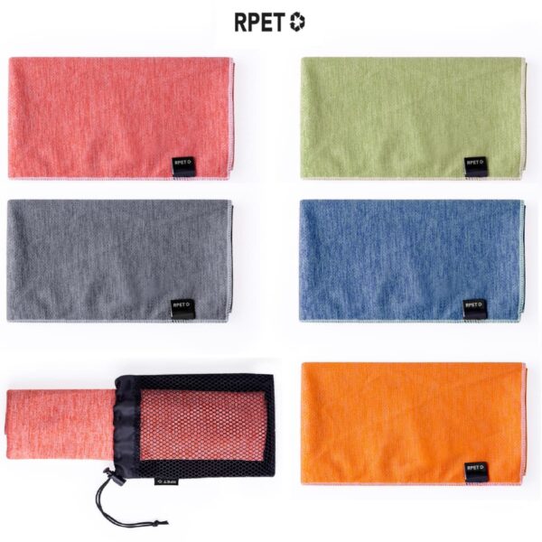 Image showing six folded towels in different colors: pink, green, gray, blue, and orange. A black mesh bag holds the orange towel, partially visible. Each towel has a black tag with RPET labeled on it. RPET is also written above the towels.
