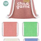 Four drawstring bags made of recycled cotton are shown. One bag is red with child game written on it. Three other bags are displayed below in red, green, and blue, along with a cream-colored one. A tag with a recycling logo is visible.