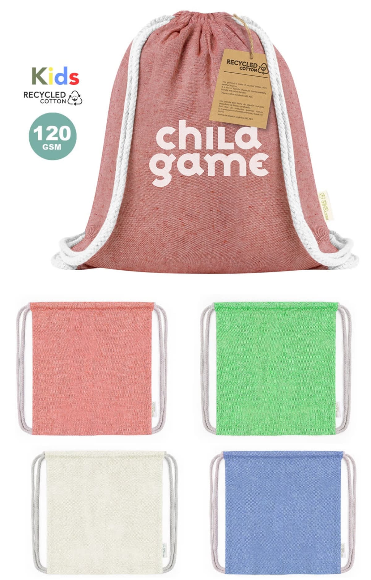 Four drawstring bags made of recycled cotton are shown. One bag is red with child game written on it. Three other bags are displayed below in red, green, and blue, along with a cream-colored one. A tag with a recycling logo is visible.