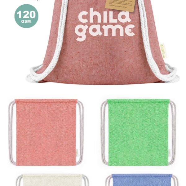 Drawstring bags in red, green, cream, and blue are shown. The red bag features child game text and comes with a recycled cotton label. The image highlights the 120 GSM recycled cotton material and is labeled for kids.