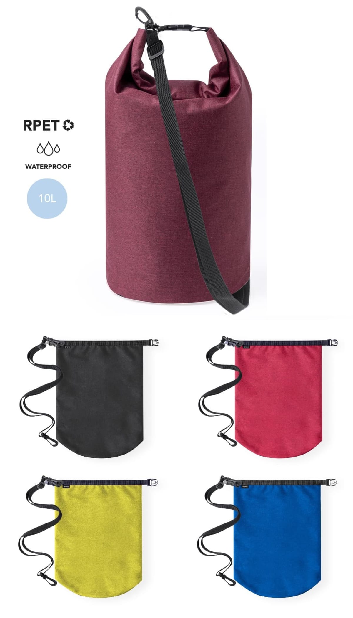 Image showing a 10L waterproof RPET bag in maroon with a black strap. Below are four smaller bags in black, red, yellow, and blue, each with adjustable straps. Text RPET and WATERPROOF are displayed at the top.