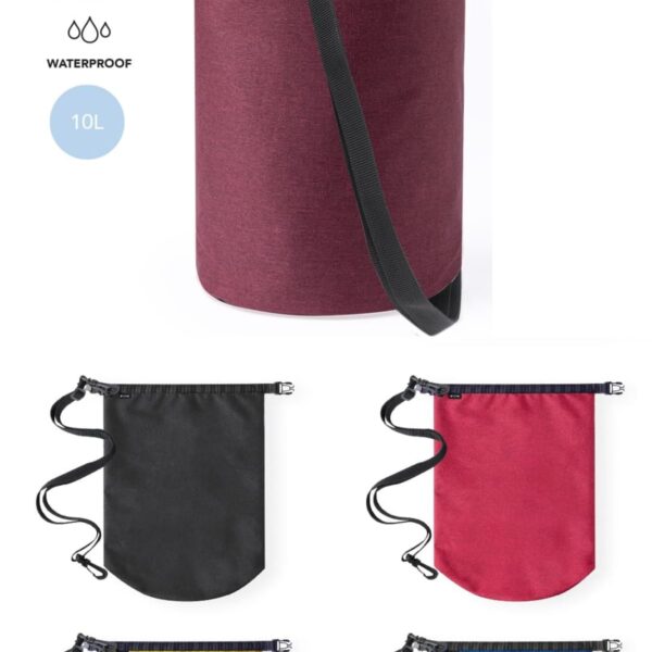 A collection of waterproof bags made from RPET material. One large maroon bag features a black strap, displayed above four smaller bags in black, red, yellow, and blue with matching straps. The text indicates a 10L capacity.