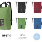 A collection of waterproof bags in green, black, red, and blue. Each has a transparent pocket displaying a mobile phone. The text RPET and 25L are displayed, indicating the material and capacity.