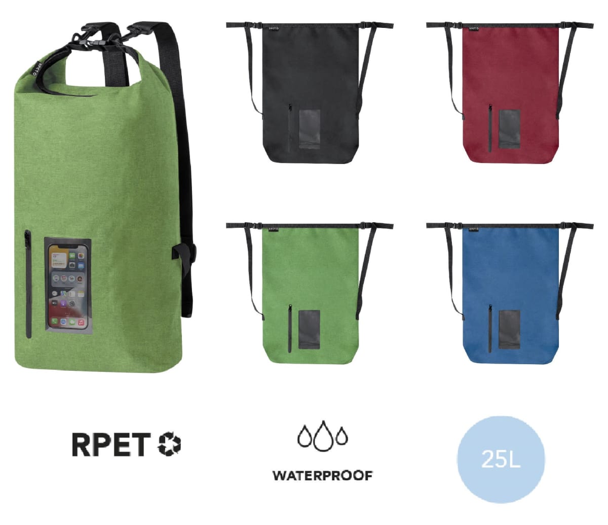 A collection of waterproof bags in green, black, red, and blue. Each has a transparent pocket displaying a mobile phone. The text RPET and 25L are displayed, indicating the material and capacity.