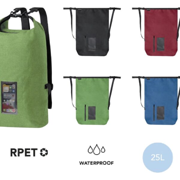 A waterproof bag collection featuring a large green bag on the left with a see-through phone pocket. Four smaller bags on the right in black, red, green, and blue. Icons below indicate recyclable material, waterproof, and a 25L capacity.