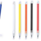A set of colorful pens with pointed tips and detachable caps, arranged in a row. The colors include blue, white, yellow, orange, red, black, and green. Text on the left reads eternal writing alongside an enlarged blue pen.