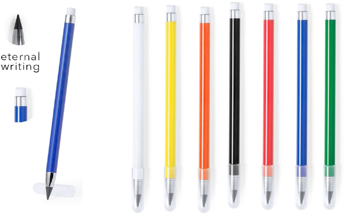 A set of colorful pens with pointed tips and detachable caps, arranged in a row. The colors include blue, white, yellow, orange, red, black, and green. Text on the left reads eternal writing alongside an enlarged blue pen.