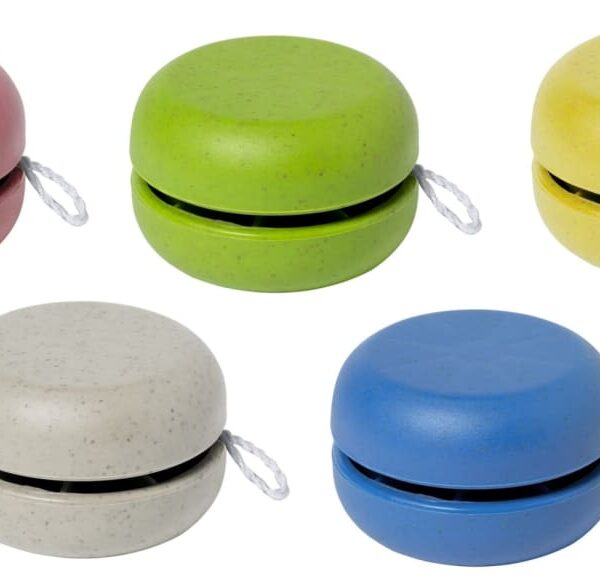 Five yo-yos in different colors—red, green, yellow, gray, and blue—are shown on a white background. Each yo-yo has a string looped around its center.