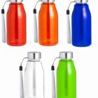 Five water bottles in red, orange, blue, clear, and green are displayed. Each has a silver cap and a white carrying strap on the side.