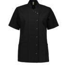 Black short-sleeved chefs jacket with a mandarin collar and buttoned front. Two pockets are visible on the lower front. Plain white background.