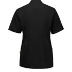 Back view of a short-sleeved, black uniform jacket with a collar. The design is simple, with a straight cut and no visible buttons or embellishments.