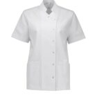 A white, short-sleeved chefs or lab coat with a stand-up collar, button-up front, and two front pockets.