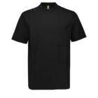 Black short-sleeve shirt with a high neckline, featuring snap buttons on the left shoulder and a large chest pocket.