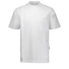 A white short-sleeve medical scrub top with a high collar and snap button closures on one shoulder. It has a chest pocket and a side pocket.