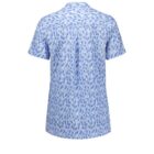 A short-sleeve blouse with a blue and white abstract dot pattern, shown from the back. It has a loose fit and a rounded neckline.