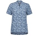 A blue and white patterned short-sleeve blouse with a V-neck collar, featuring an abstract, spotted design.