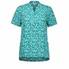 Short-sleeved blouse with a teal leopard print pattern on a white background. The blouse features a V-neck and a relaxed fit, with a slightly curved hemline.