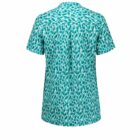 Green and white short-sleeve blouse with a leopard print design, displayed from the back.