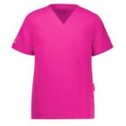 A vibrant pink medical scrub top with a V-neck and short sleeves. It features two front pockets and a subtle logo on the left sleeve.
