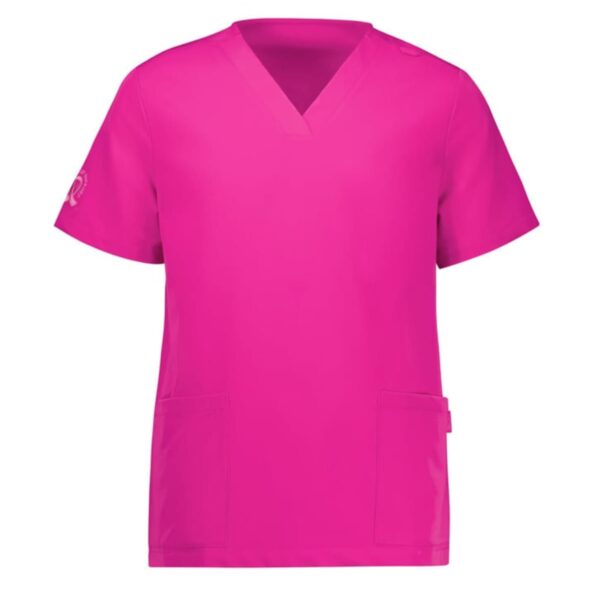 A vibrant pink medical scrub top with a V-neck and short sleeves. It features two front pockets and a subtle logo on the left sleeve.