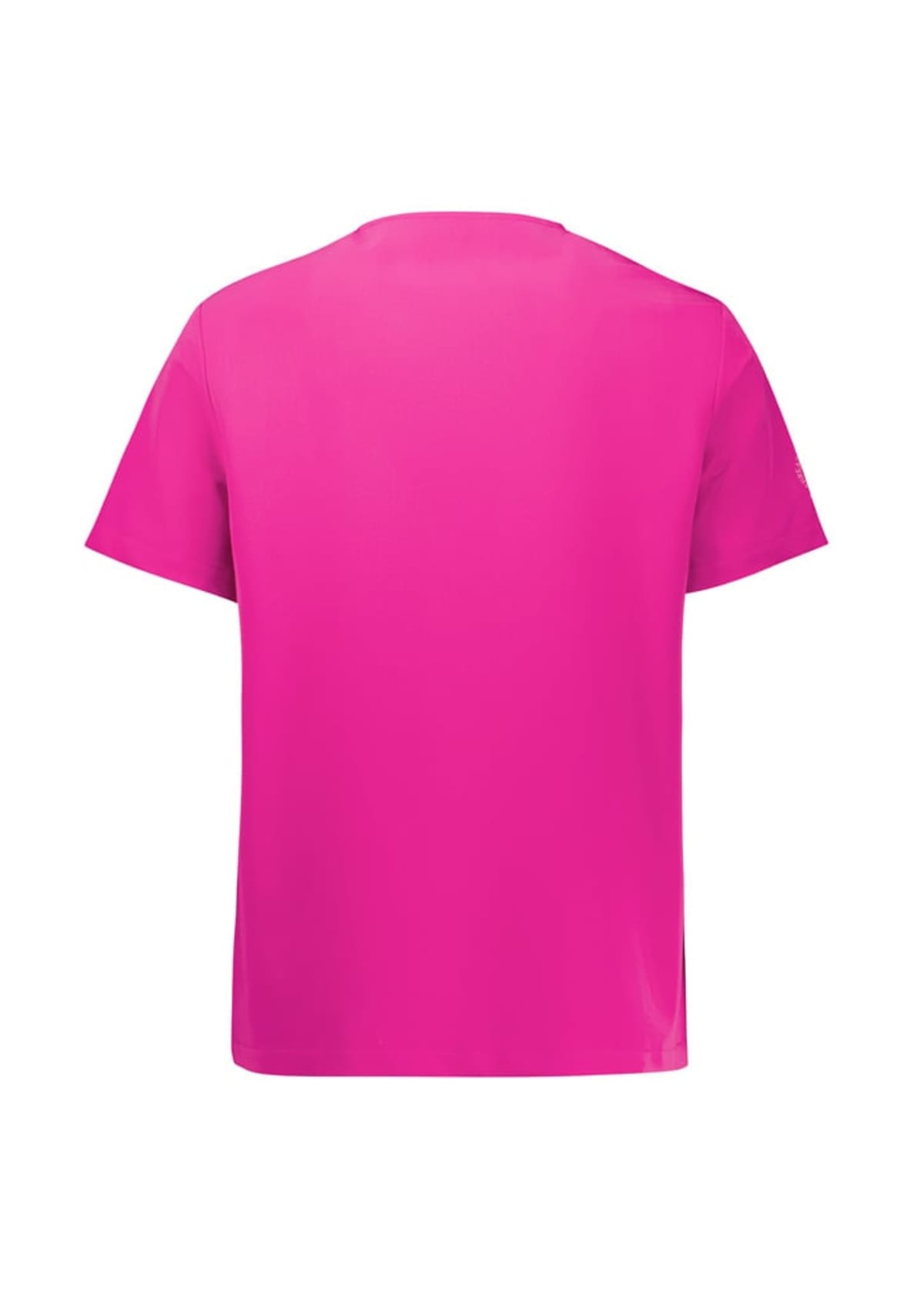 Bright pink T-shirt with short sleeves, laid flat showing the back view.