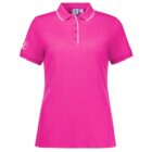 A vibrant pink polo shirt with white trim on the collar and a small logo on the sleeve. It features a buttoned neckline and short sleeves, displayed against a white background.