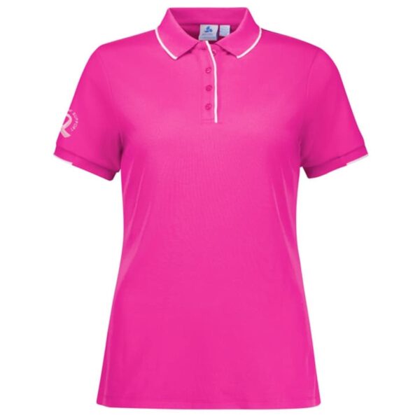 A vibrant pink polo shirt with white trim on the collar and a small logo on the sleeve. It features a buttoned neckline and short sleeves, displayed against a white background.