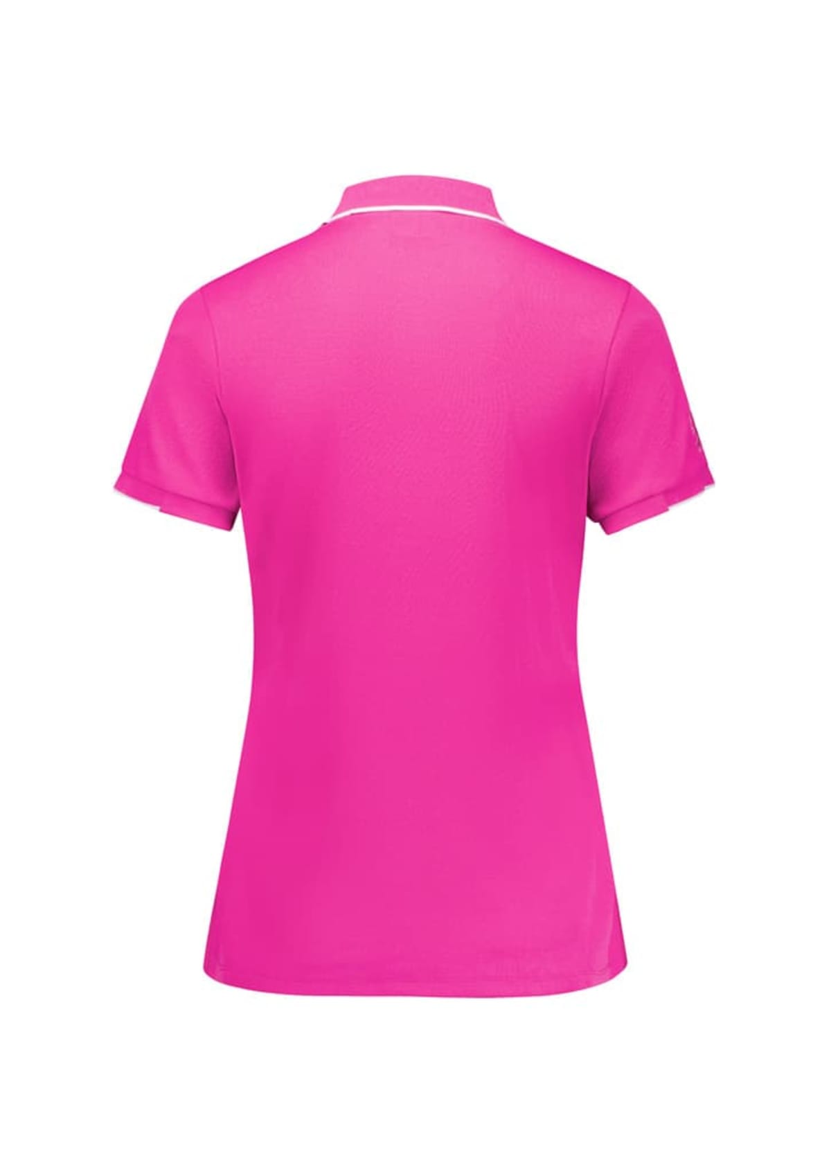 A vibrant pink short-sleeve polo shirt shown from the back, featuring a classic collar. The fabric appears smooth and lightweight, designed for casual wear.
