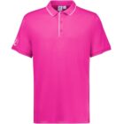 A bright pink short-sleeve polo shirt with a white collar and trim, featuring a small embroidered logo on the sleeve.