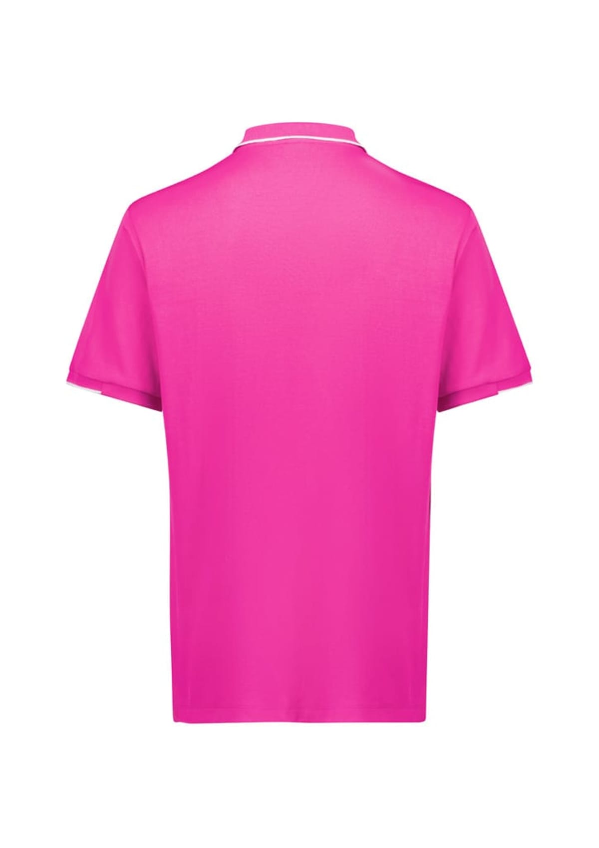 A bright pink polo shirt with short sleeves and a collar, shown from the back. The shirt has a simple and plain design, without any visible logos or patterns.