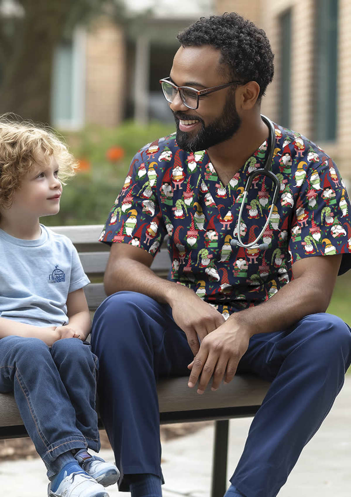 A man in colorful scrubs with a stethoscope, sitting on a bench, smiling and talking with a young boy who is wearing a light blue t-shirt. The setting appears to be outdoors, with greenery and a building in the background.