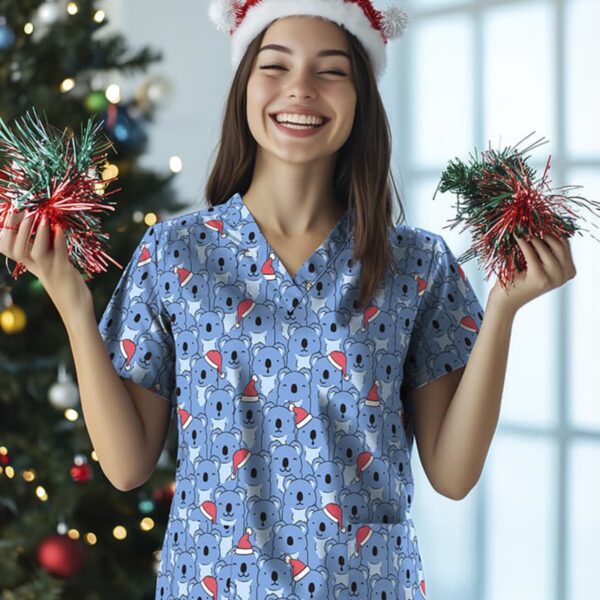 Smiling person in festive scrubs with a koala pattern, wearing a reindeer antler headband, holds sparkling decorations. A Christmas tree with lights is visible in the background.