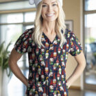 Smiling person wearing a festive hat with reindeer antlers and a shirt featuring cartoon characters. They are standing with hands on hips in a bright room with large windows.