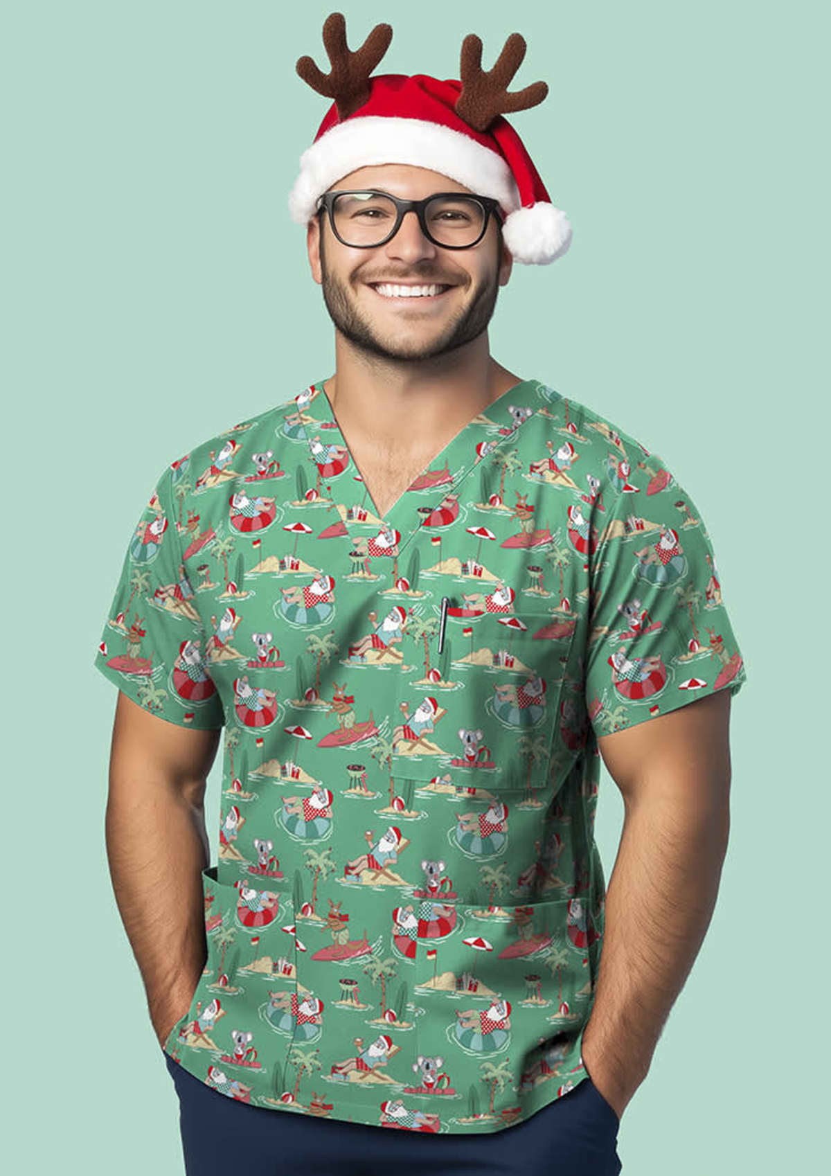 A smiling person wearing glasses is dressed in a festive green scrub top with holiday-themed prints. They are also wearing a reindeer antler headband with a Santa hat. The background is a solid mint green color.