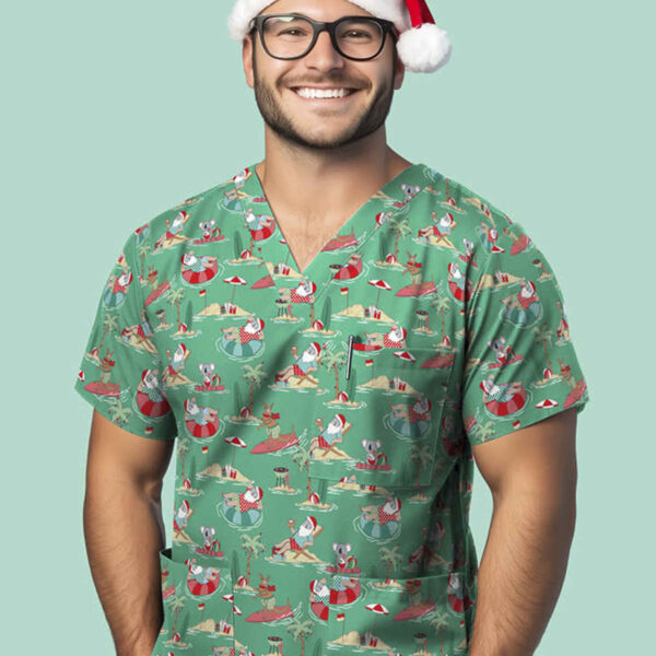 A man wearing glasses is smiling, dressed in a scrub top with a festive holiday pattern. He is also wearing a Santa hat with reindeer antlers. The background is a solid light green.