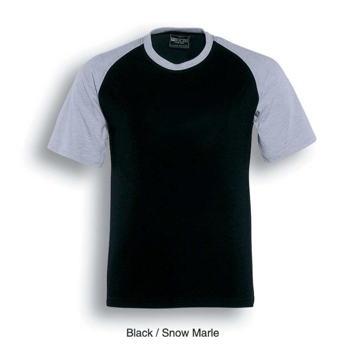 Short-sleeve T-shirt with black body and light gray sleeves, labeled Black / Snow Marle.