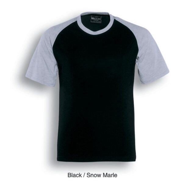Black t-shirt with light grey short sleeves, labeled Black / Snow Marle.