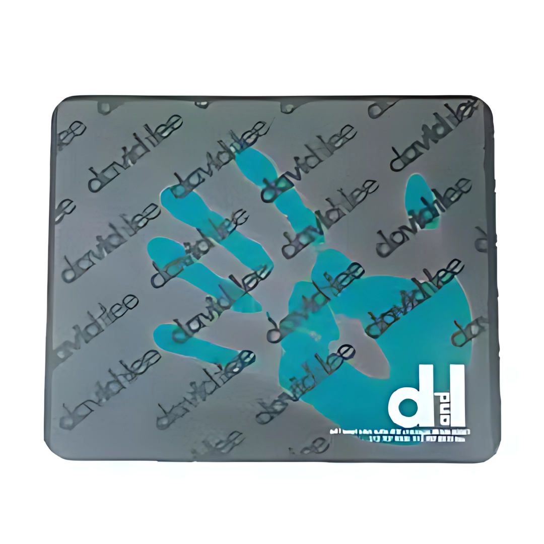 Promotional Gray mousepad with a custom blue handprint and davidlee text pattern design.