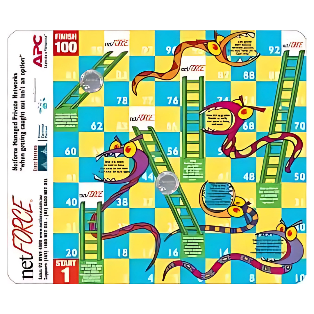 A blister pack designed like a snakes and ladders game board resembles the Customised Thin Mouse Mat. It features colorful snakes and ladders on a yellow-blue grid, with net FORGE text and some unreadable Turkish text on the side.