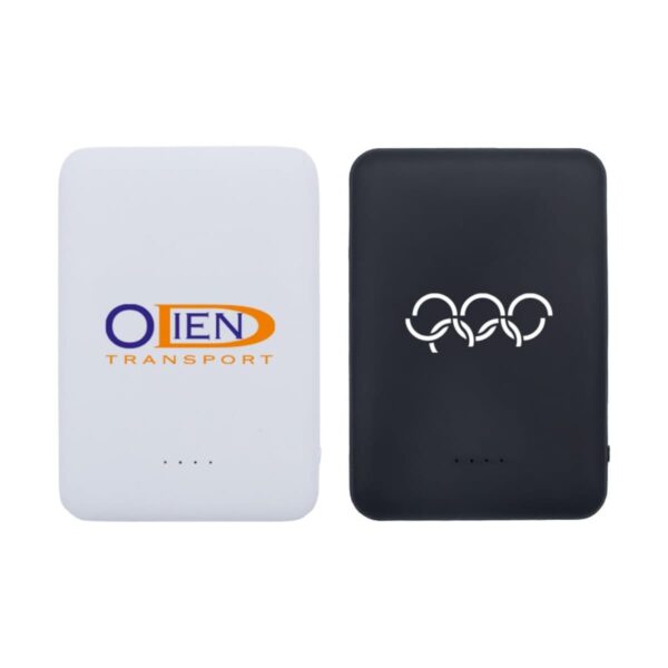 Two power banks are shown. The white one on the left has Olen Transport logo in orange and blue. The black one on the right has a stylized, abstract logo featuring overlapping circles. Both have small LED indicator lights at the bottom.