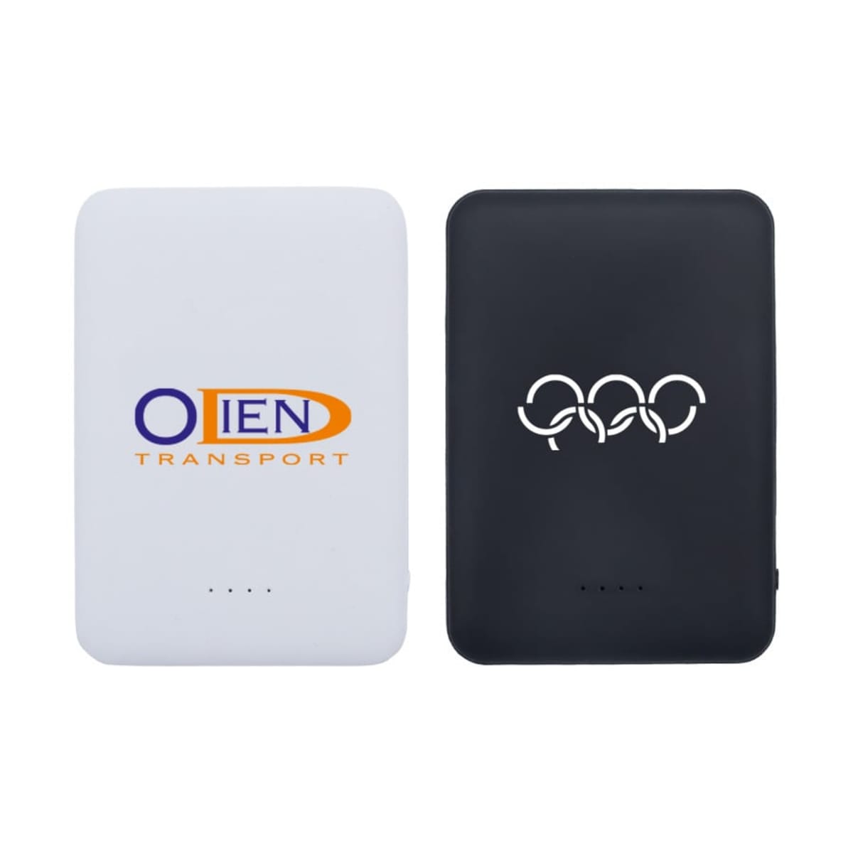 Two power banks side by side. The left one is white with the text OLEN TRANSPORT in orange and blue. The right one is black with a design resembling overlapping circles.