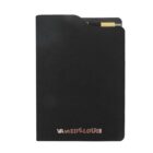 A black notebook with space for a pen, featuring embossed text at the bottom in a gold-like color.