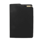A black file folder is shown against a white background. A paper with a visible tab is partly inside the folder, suggesting organization or filing.
