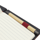 An open notebook with lined pages lies on a surface. A pen with a wooden finish and a red grip is resting on top of the notebook.