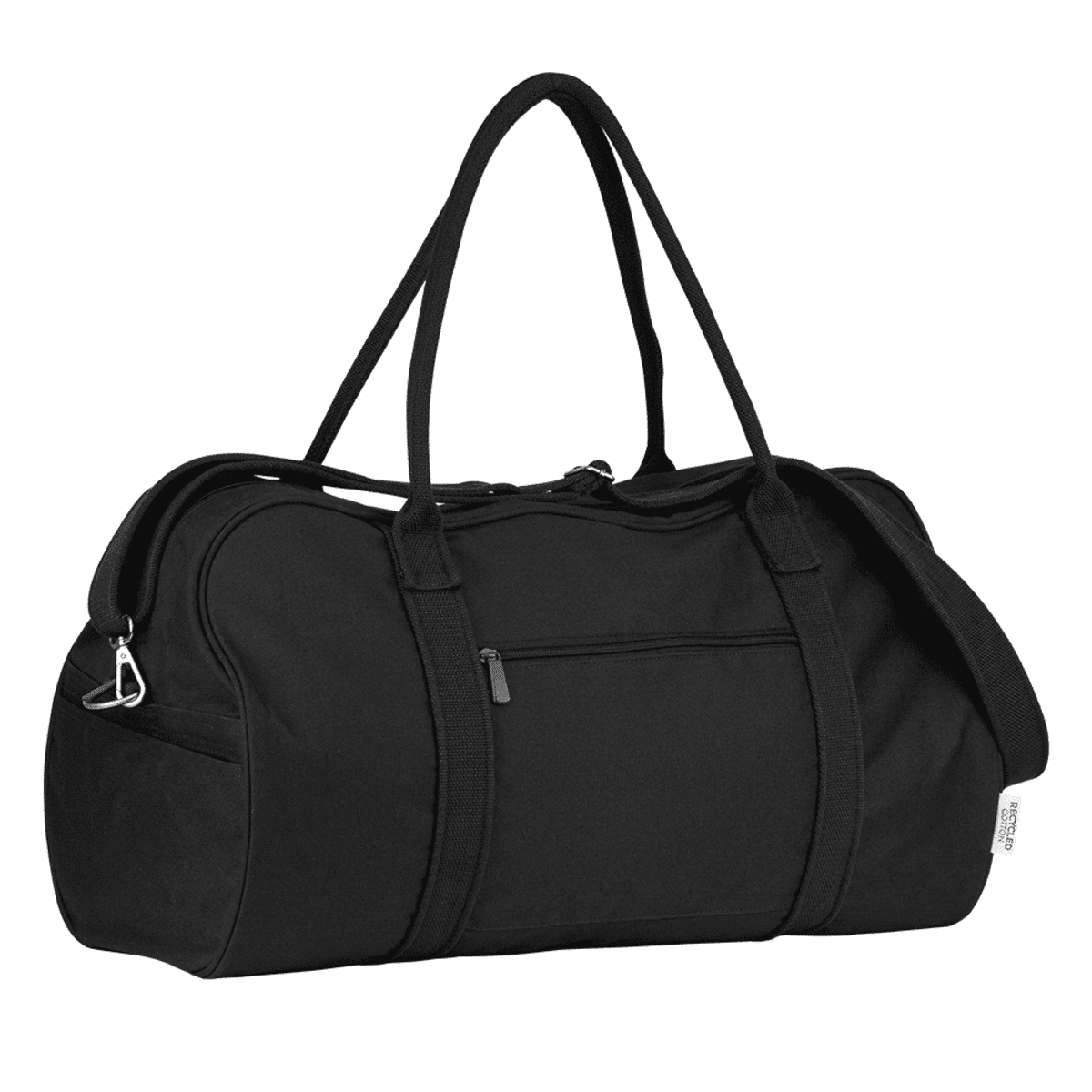 A black duffel bag with dual handles and a shoulder strap. It features a side zipper pocket and a small front zipper compartment. The bag is simple and functional in design.